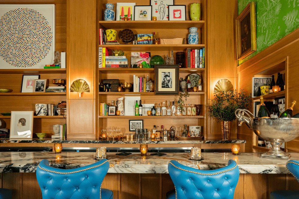 Turquoise bar stools inside Bar Cecil in Palm Springs