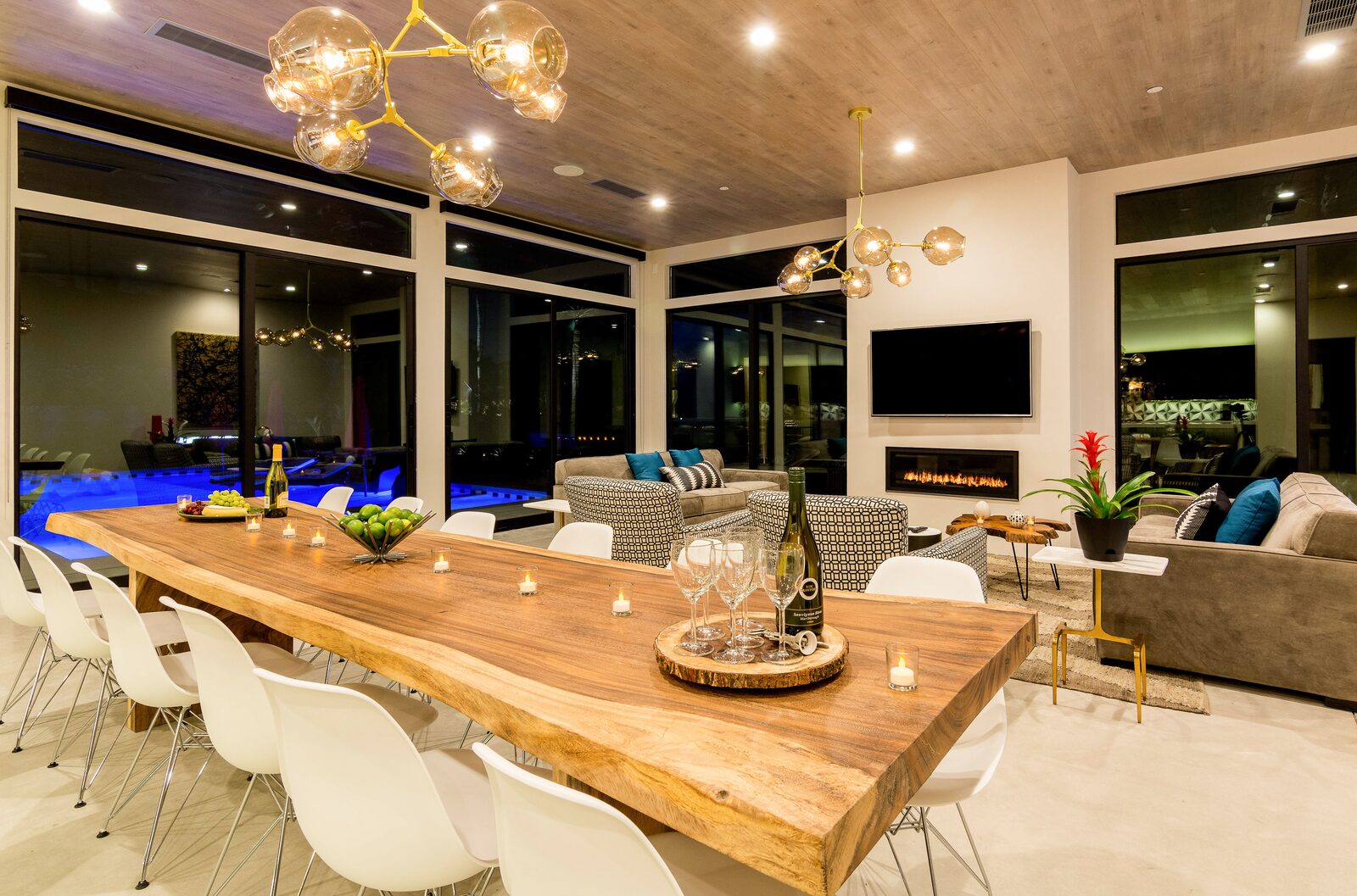 5 Palms Estate live-edge dining table set for a group meal