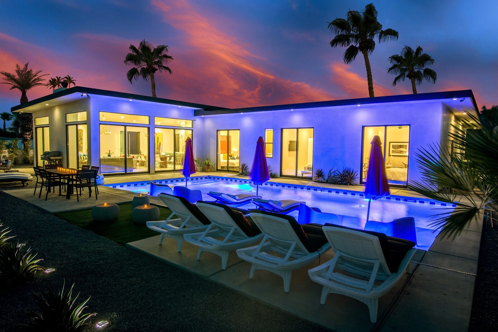 Private Palm Springs pool and mountain view during summer at 5 Palms Estate